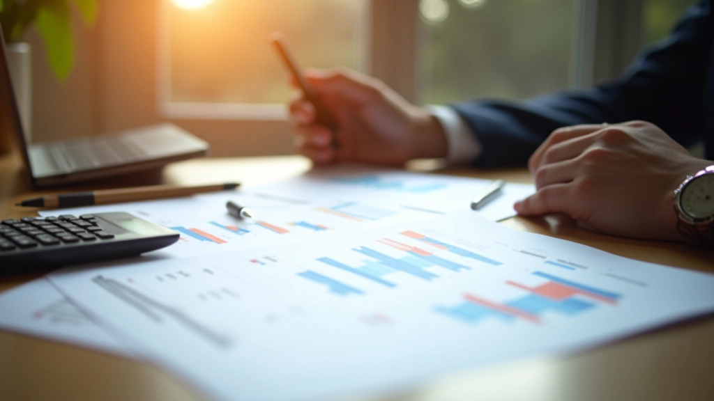 Graphiques économiques et données financières sur un bureau avec stylo et calculatrice