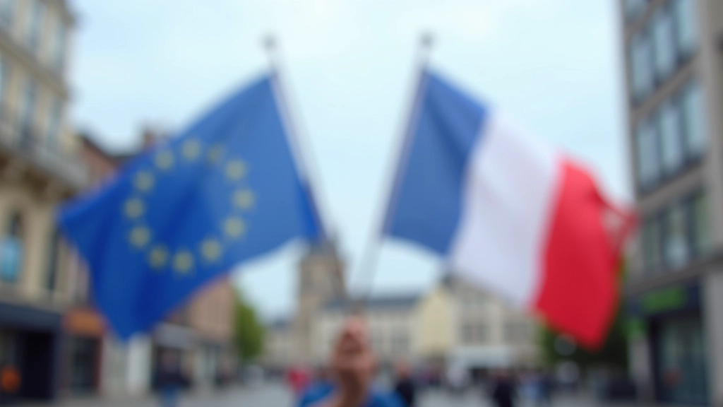 Drapeaux européens et français affichés dans un environnement urbain moderne